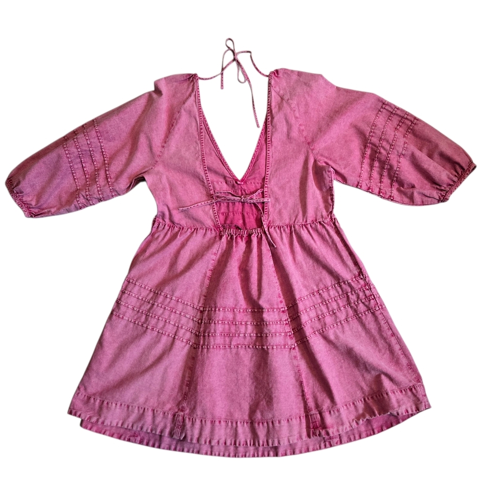 Free People NWOT Sweet Surrender Denim Acid Wash Mini Pink Dress Small - Picture 4 of 6